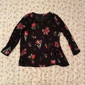 Black Floral 3/4 Sleeve Tie Ann Taylor Blouse
